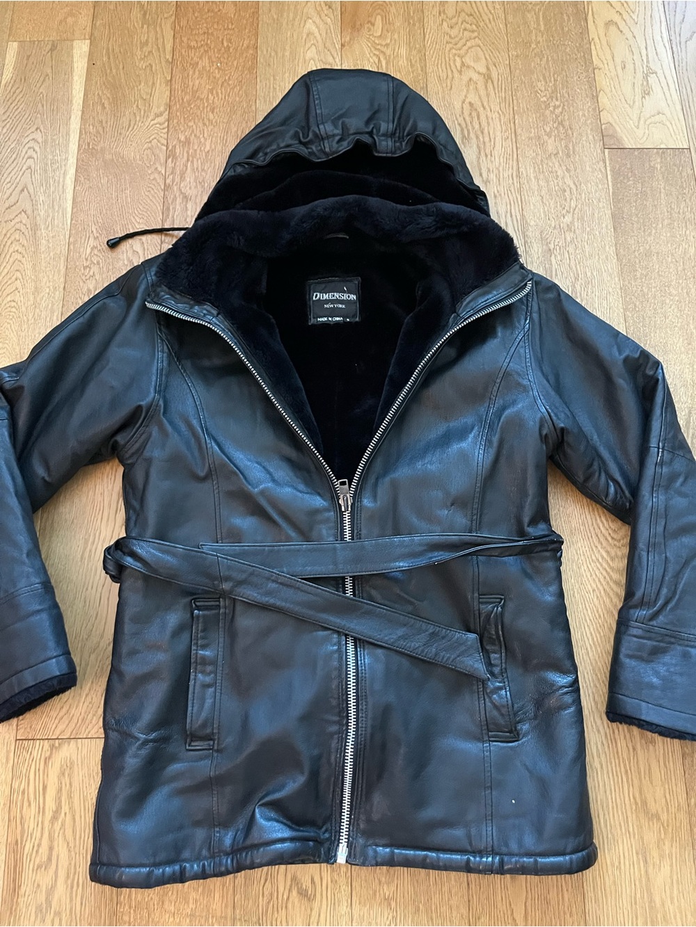 Vintage Dimension New York Leather Coat Small S Black Faux Fur Lined Parka